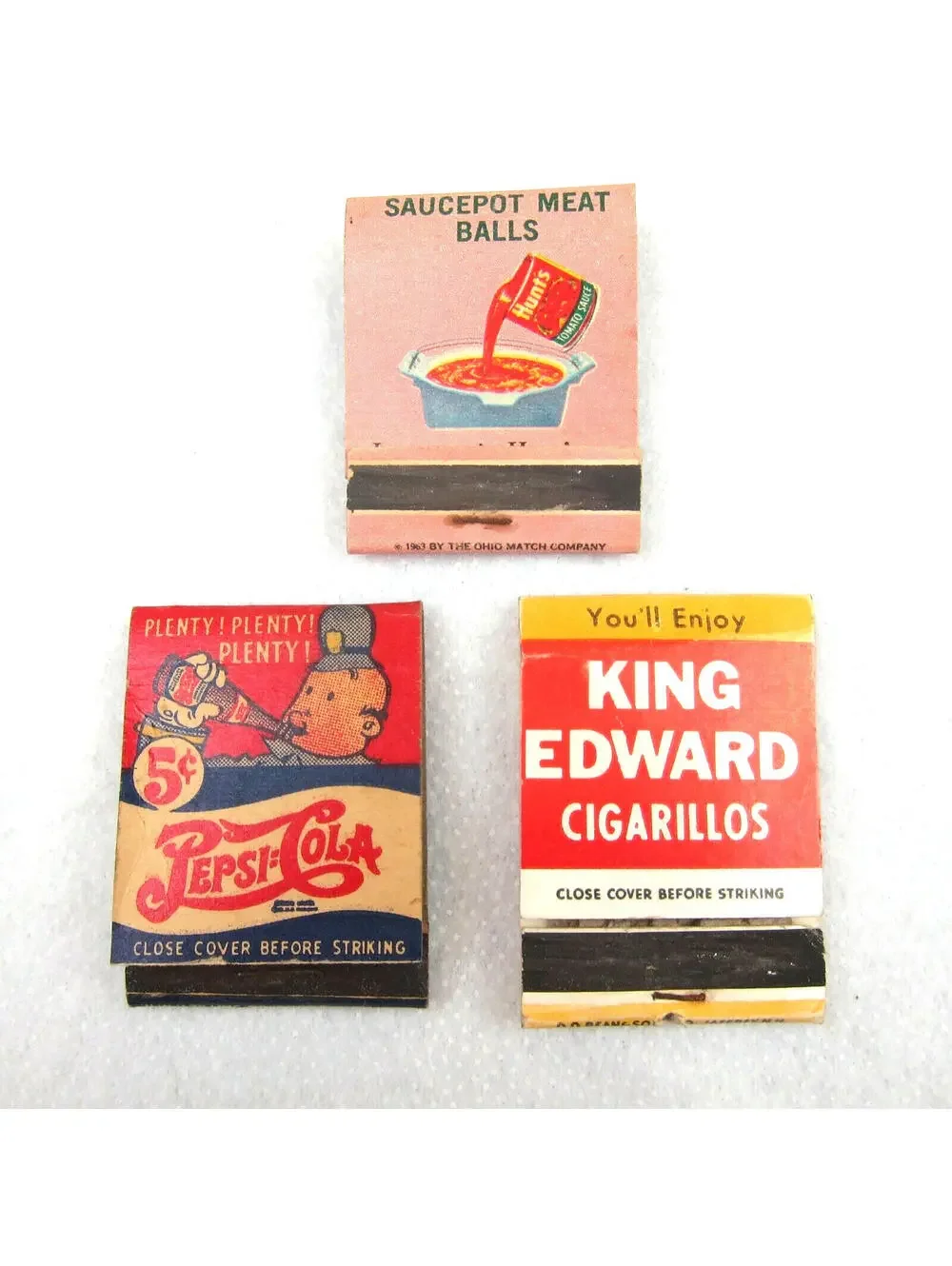 3 Vintage Matchbooks Pepsi Cola Double Dot Hunts Tomato King Edward Cigarillos